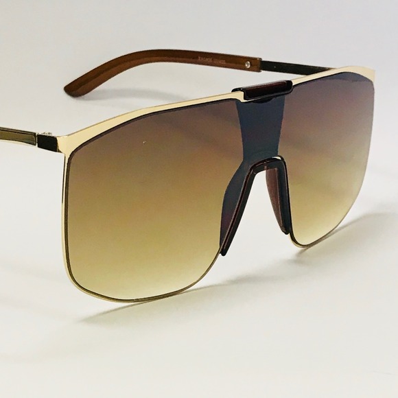 Shield Sunglasses Gold Frame Brown Lens Retro Flat Lens Gold Frame Luxury Lentes - Picture 1 of 3